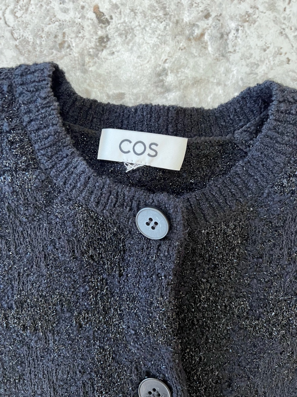 COS Black Sparkly Bouclé-Knit Button Front Crop Cardigan, Black Metallic, Small - Picture 7 of 12